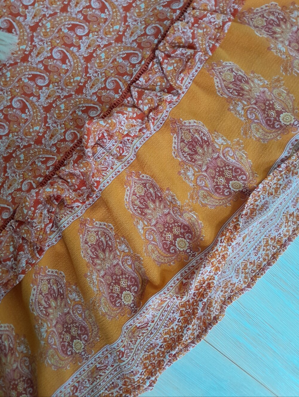 Cynthia Rowley Boho Paislay Maxi Skirt Orange Tassel Tie - Picture 12 of 15